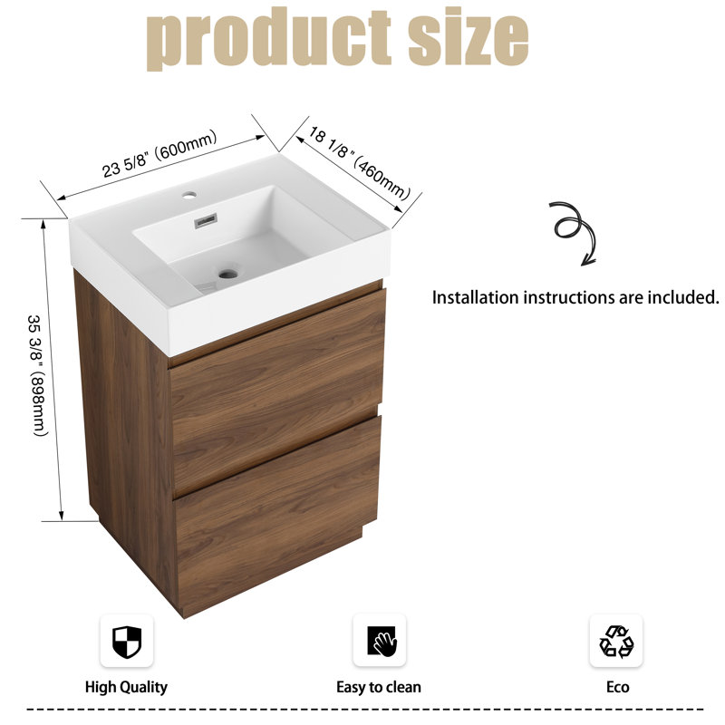 24"Bathroom Vanity Resin Sink with Double drawer, Brown 