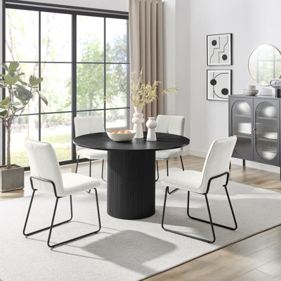 Penny Pillar Round Dining Table Set With 4 Luxury Fabric Dining Chairs - Scratch Resistant Top