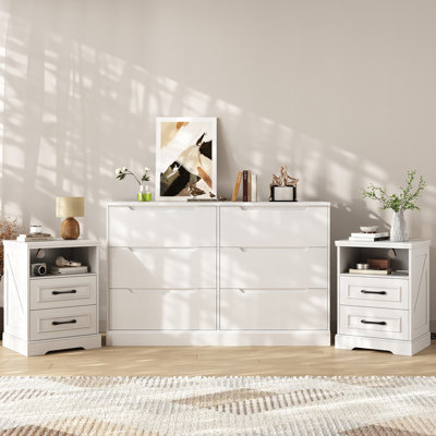 Ensemble de chambre à coucher 3 pièces Meserve - Ensemble de commode double 6 tiroirs l 47,2 po et table de chevet 2 tiroirs