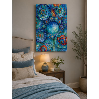 Mandala-Like Floral Patterns, Abstract Canvas Wall Art, Blue and Teal Hues, Artistic Decor, Decorative Print