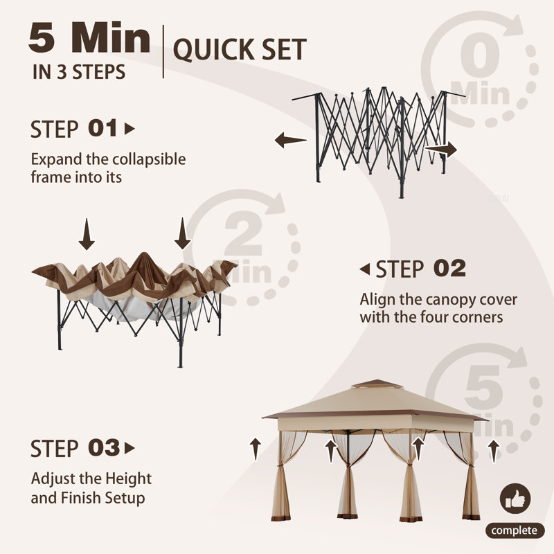 11 Ft. W X 11 Ft. D Metal Pop-up Gazebo With Mosquito Netting, Khaki