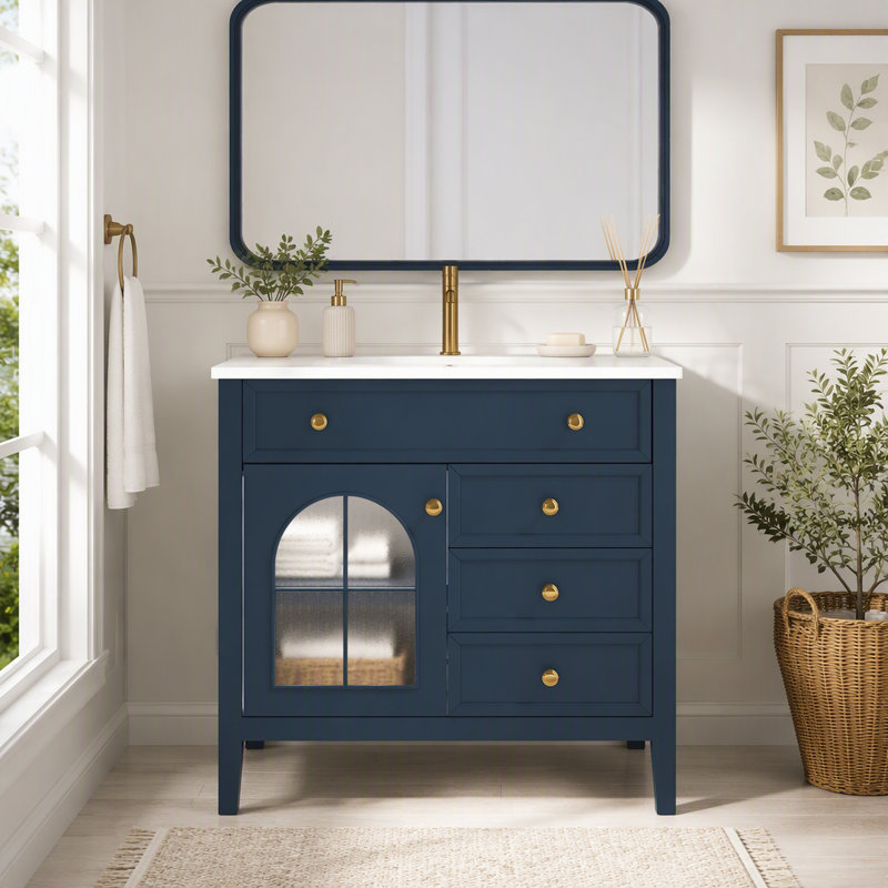Meuble-lavabo de salle de bain 35,6 po Mid-Century, Bleu