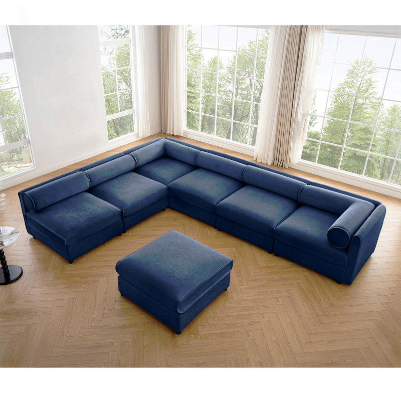 Canapé modulaire moderne 6 pièces avec rangement en tissu chenille bleu doux design cylindrique contemporain pour le salon