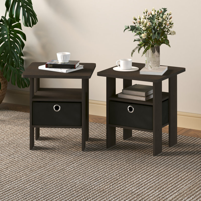 Ensemble de 2 tables de chevet modernes en bois 15,51 po x 15,5 po x 17,52 po avec tiroir et tablette, Marron foncé