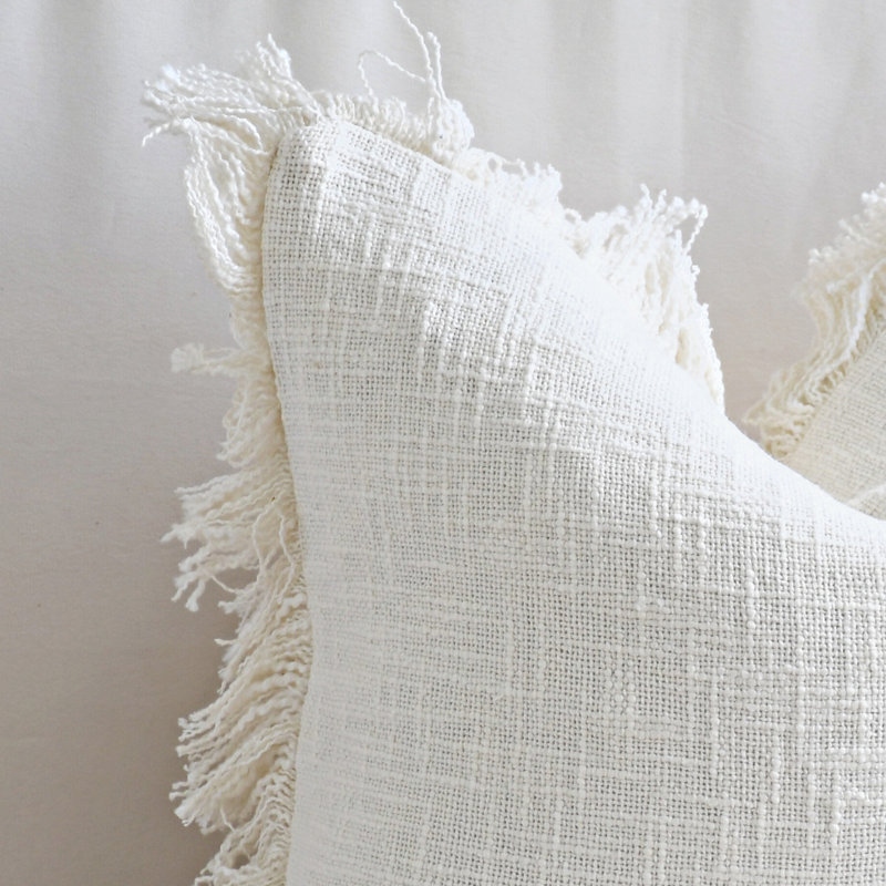 India Chic Fringed Cotton Pillow Cover, 16" x 16", Ivory