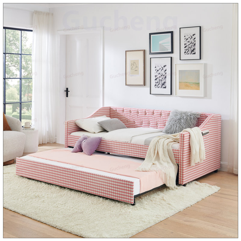 Lit de jour simple, lit de jour convertible rembourré avec dossier capitonné, canapé-lit polyvalent 3 en 1 avec lit gigogne escamotable et rangement latéral, parfait pour une vie compacte