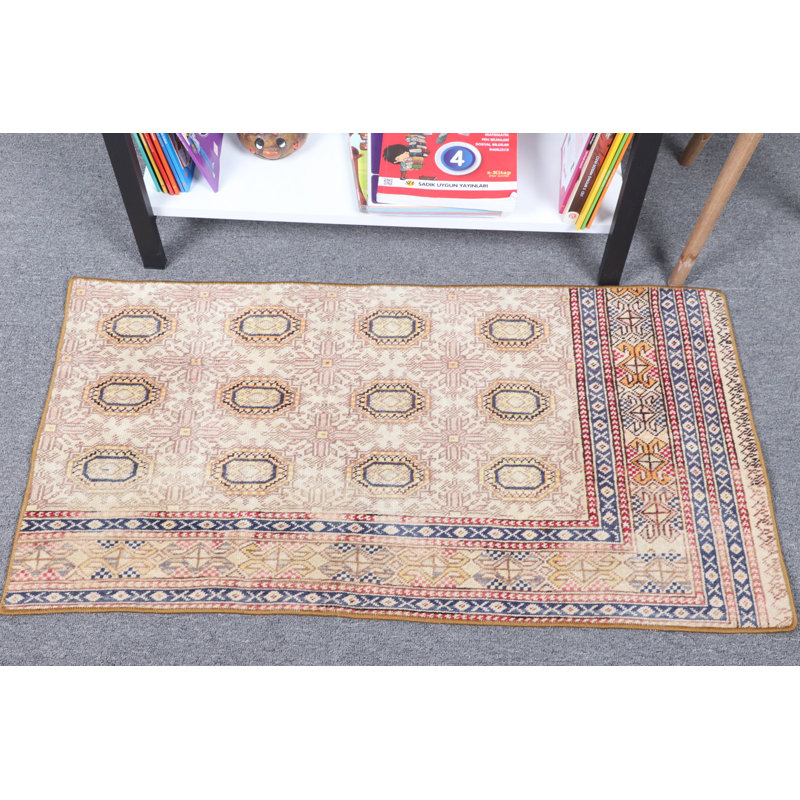Tapis décoratif turc beige et bleu à motif géométrique traditionnel