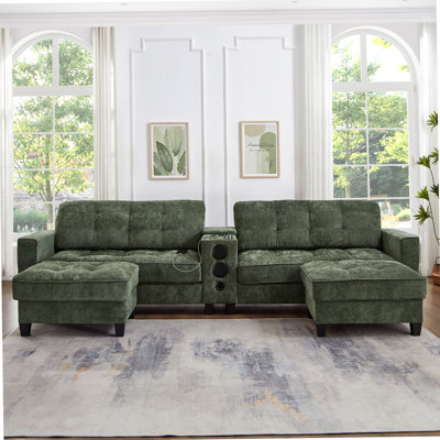 Modern U-Shaped Sectional Sofa with Storage Ottomans, Console, Bluetooth Speakers and LED Lights for Living Room Comfort.