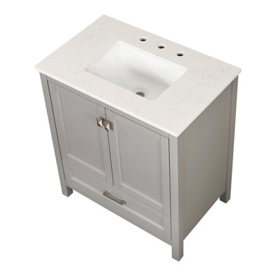 Meuble-lavabo autoportant de 30 po avec lavabo, comptoir Carrara avec lavabo rectangulaire encastré en céramique, grande porte de rangement à fermeture en douceur, structure en bois massif