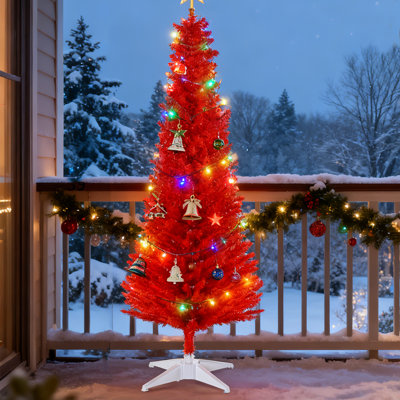 Arbre de Noël artificiel rouge 4,9 pi avec 294 pointes de branches, arbre de Noël mince facile à assembler avec base amovible blanche, parfait pour les fêtes