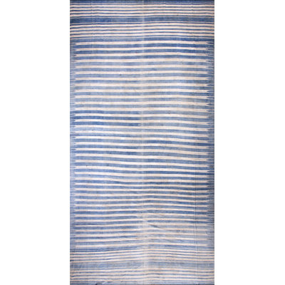 Antique Indian White and Blue Color Oversized Cotton Dhurrie Rug