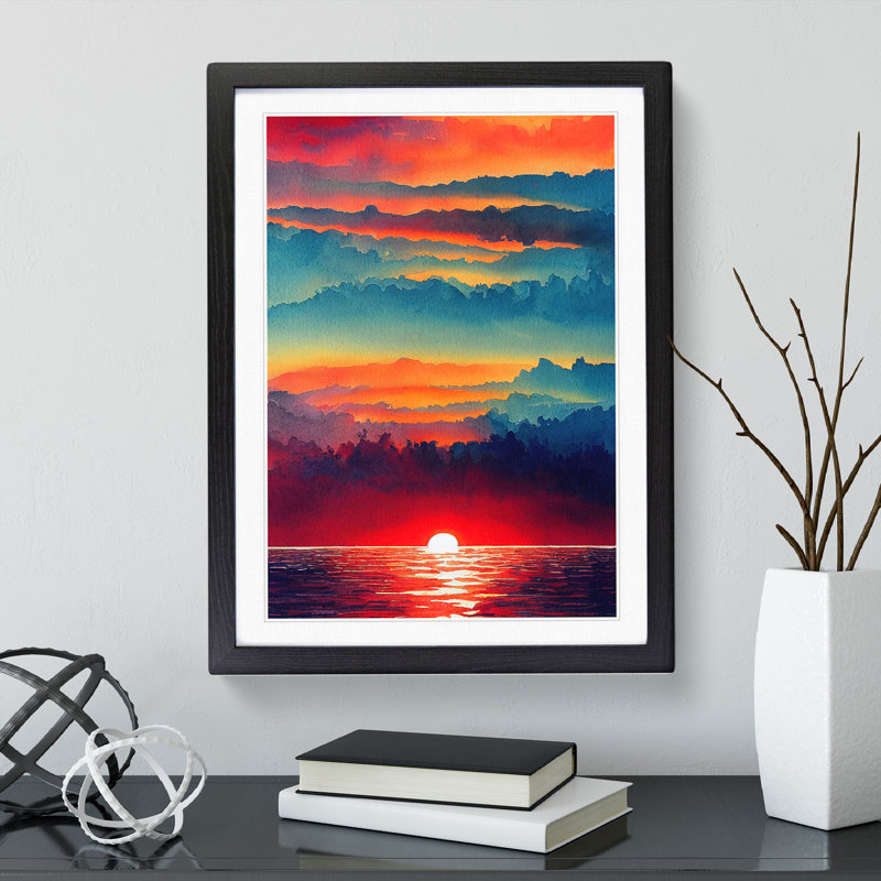 XV1022-4343X Sunset Watercolour No.2 - Single Picture Frame Print, Black , 64cm H x 46cm W x 2cm D