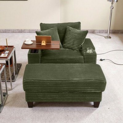 74" Multi-Functional Sofa With Ottoman Hidden Swivel Table Bluetooth Speaker & USB Ports
