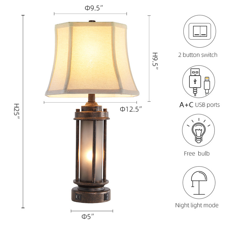 Ensemble de lampe de table 25 po avec veilleuse et ports USB Louann, Brun
