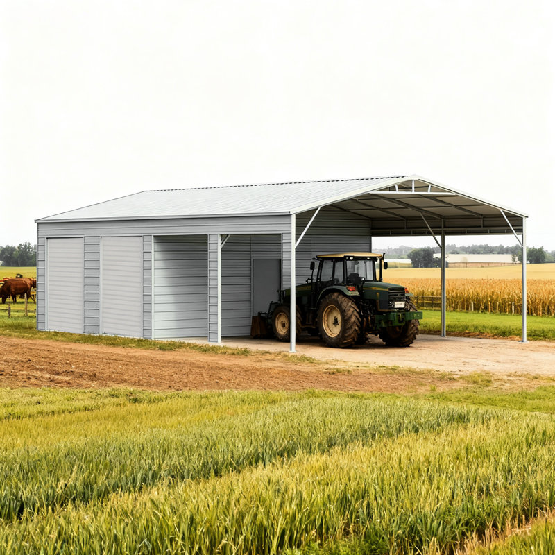 Garage métallique de 7 m x 14 m (23 pi x 46 pi) - Rangement pour véhicules, outils et objets lourds, structure en acier de calibre 14, deux portes sectionnelles de 2,4 m et 2,7 m (8 pi et 9 pi), entrée latérale, matériau Q235 crème, large et long, avec 2 portes, 40 cm (16 po) galvanisé