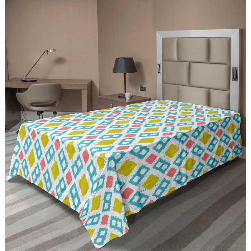 Ambesonne Top Flat Sheet Curving Art, Twin Flat Sheet, Mustard Pink Blue Ikat
