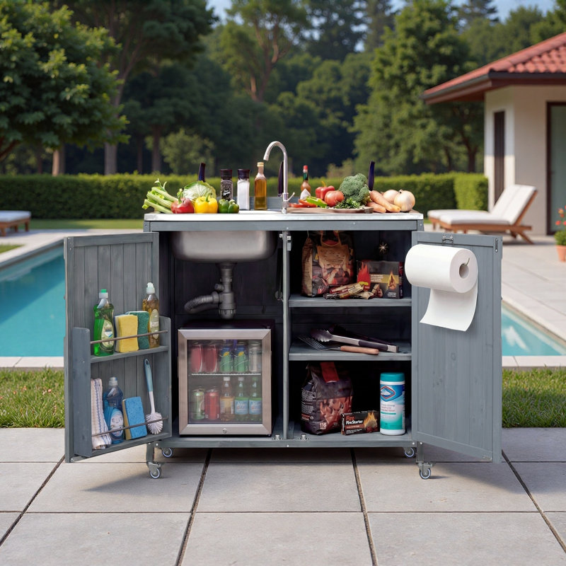 Îlot de cuisine extérieur avec évier en acier inoxydable, supports de rangement internes, tablettes et roues réglables