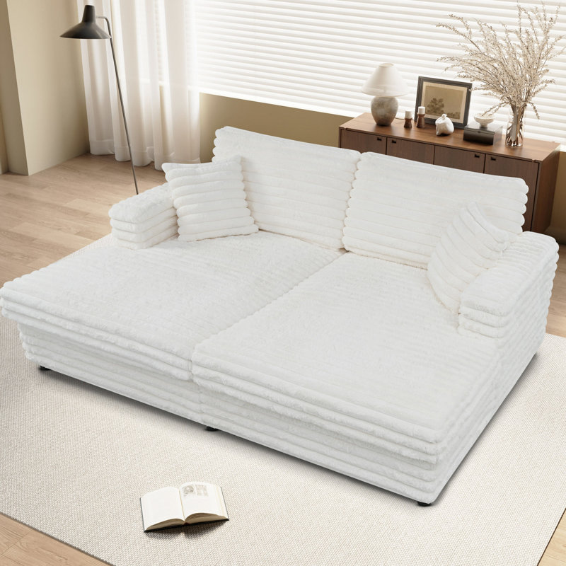 86"W Corduroy Upholstered Cloud Sleeper Sofa Bed Glauser Deep Seat Oversized Chaise Lounge Indoor, Off White