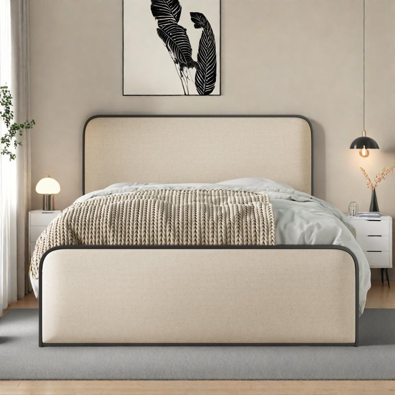 Modern Metal Bed Frame with Upholstered Headboard and Footboard, Queen Size