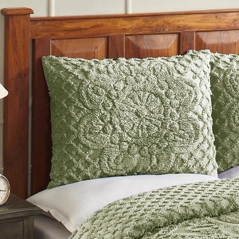 Ensemble de couvre-lit en chenille Trevor pour lit simple, ensemble de couvre-lit 100% coton avec 1 taie décorative standard, literie traditionnelle héritage texturée, confort toutes saisons respirant, certifié OEKO-TEX, sauge