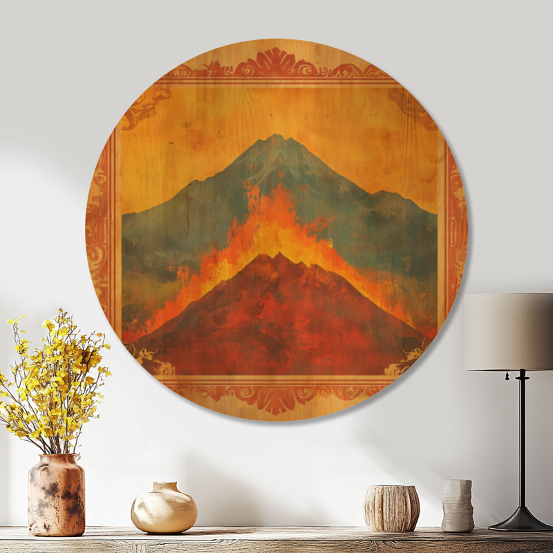 Volcan à Emberfall - Art mural rond en bois, Rond 23 po, Rond
