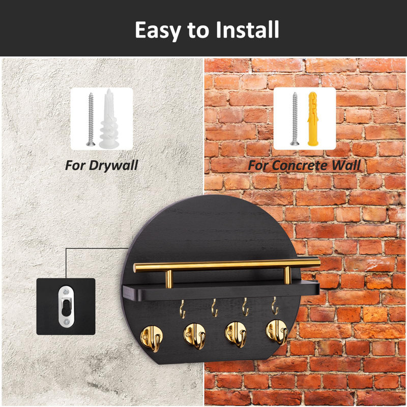 Key Holder For Wall - 9.8 Inch Apartment Wall Decor With Shelf And 8 Key Hooks, Circular Wood Key Hanger For Home Decor (Black With Golden Hooks)