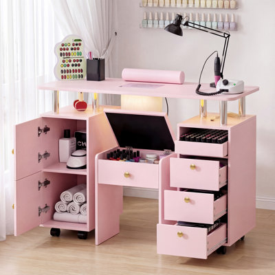 Nail Tech Desk with Storage Stool, Electric Dust Collector, Rolling Manicure Table with Lockable Wheels, Storage Drawers, Wrist Cushion, Acetone-Resistant Salon Workstation