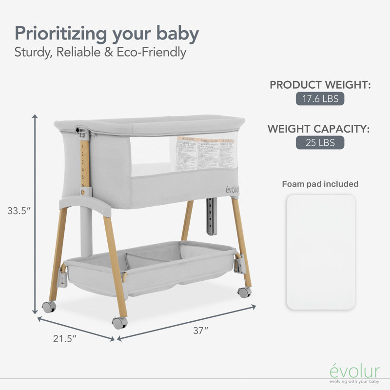 Evolur Lullaby Portable Bassinet With Wheels Gray