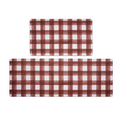 Modern Farmhouse Plaid Kitchen Mat Set, Anti-Fatigue Waterproof Non-Skid Cushioned Runner,2 pcs (Red)