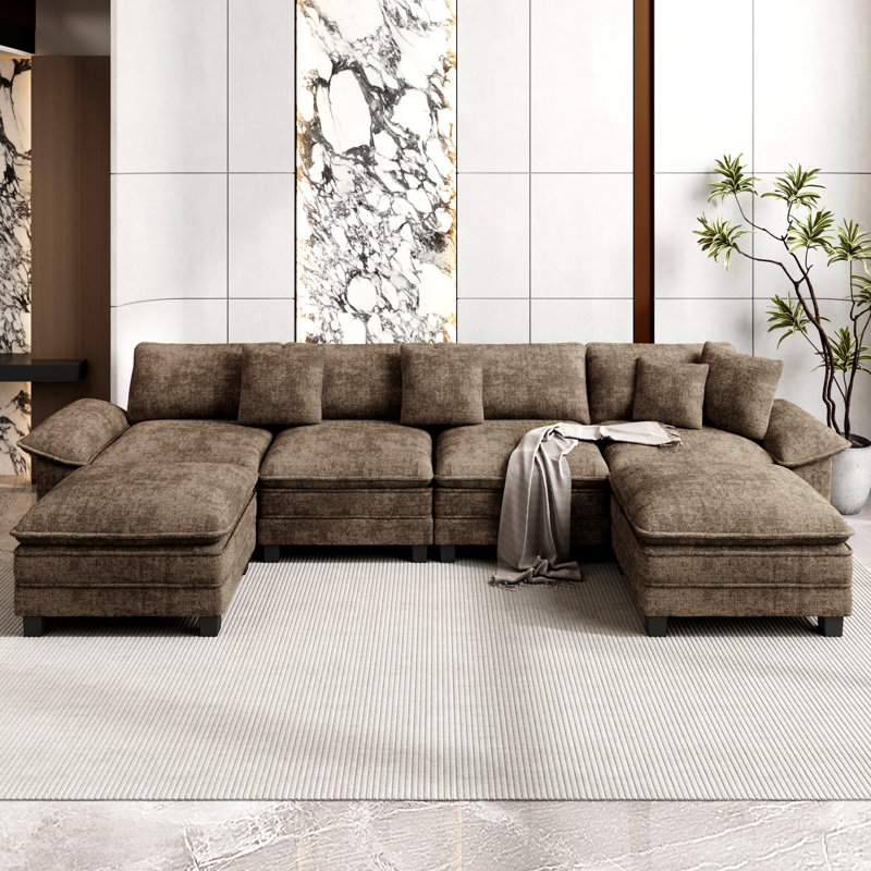 158" Modular Sectional Sofa, Oversized U Shaped Couches with Ottomans, 6-Seater Deep Seat Sofa with Throw Pillow