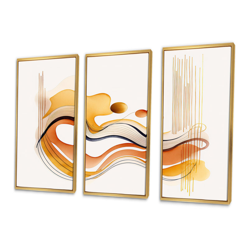 Dhatri " Burnt Orange Waves Abstract III " 3 - Pieces, 28" H x 36" W x 1" D, Gold Framed
