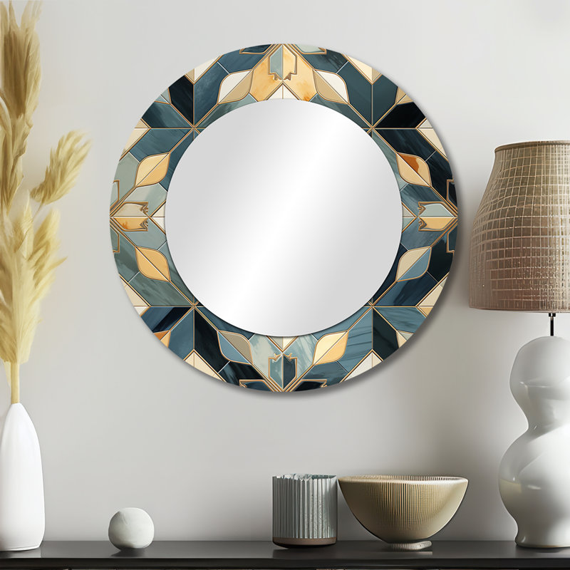 Roxeann Antique Beige And Blue Marrocan Tiles - Geometric  Unique Wall Mirror Decor, Modern Large Round Mirror, Printed Metal Art