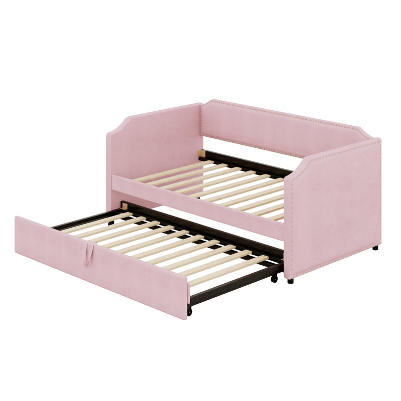 Velvet Upholstered Daybed With Pop Up Trundle, Pink