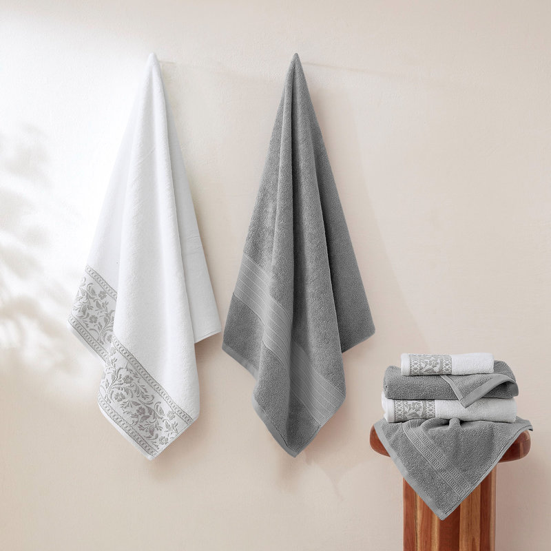 Modern Threads 6-Piece Jacquard Border Towel Set Allie – 100% Cotton, Quick Dry & Absorbent Bath, Hand & Washcloths – Elegant Floral Border