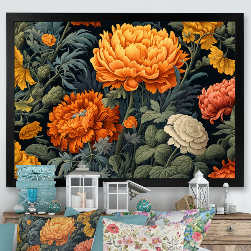Orange orange, souci, brillance II - art floral sur toile, Cadre photo noir simple, H 16 po x l 32 po x P 1 po