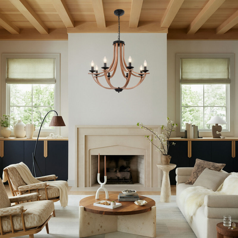 Farmhouse 8-light Black Chandelier With Wood Finish Metal, 27.6" Candle Style Ceiling Light For Kitchen Island And Dining Room