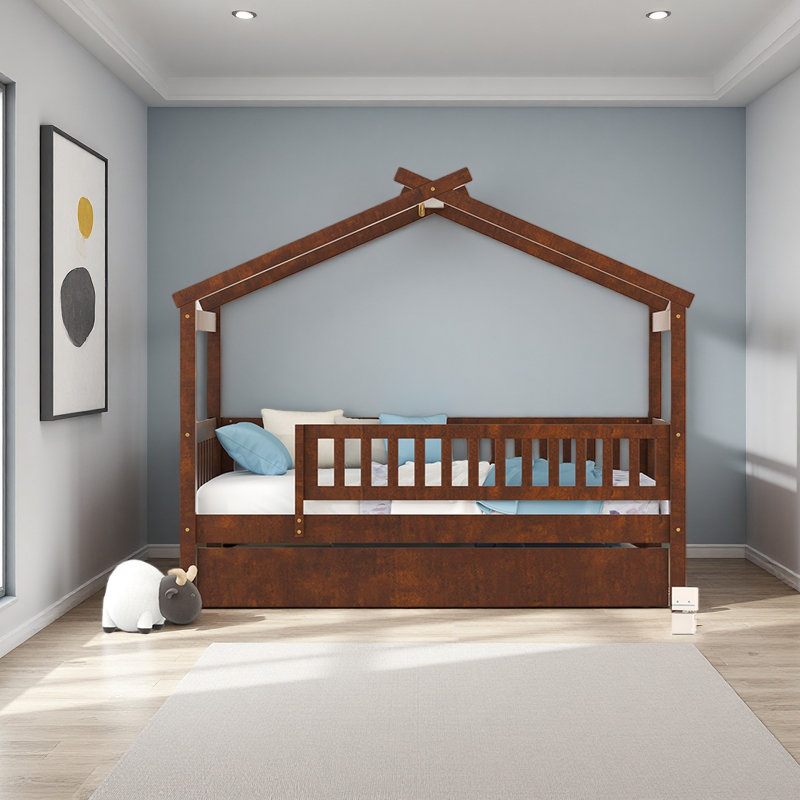 Lit en bois avec lit gigogne simple, Lit simple, Noyer
