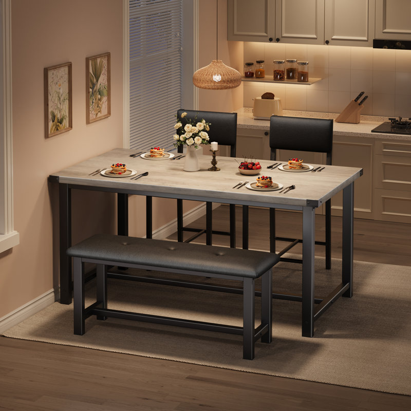 Ensemble de table de salle à manger 4 pièces gris, table de cuisine avec banc rembourré et chaises, mobilier de salle à manger peu encombrant pour petits appartements
