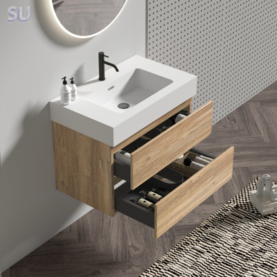 Grace 24 Rough Oak Bathroom Vanity With White Quartz Sink, Soft-Closing Drawers, And Wall-Mounted Floating Design For Modern Bathrooms