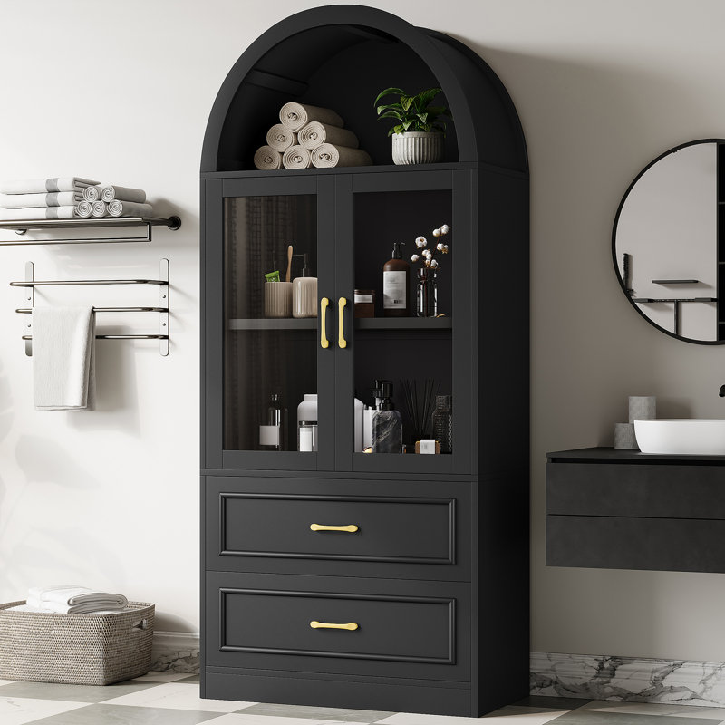Armoire de rangement néo-classique arquée avec portes en verre trempé et tablettes fixes Fleeton, Black, 2