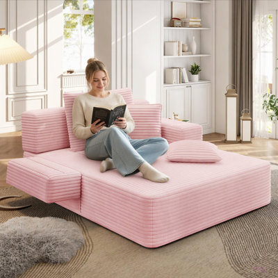 Plush Corduroy Chaise Lounge Sofa Bed, Convertible Sleeper Couch Bed w/ Storage Pockets, 3 Soft Pillows, Multi-Functional Frameless Sofa Couch for Apartment, Home Theater, Guest Room, Dorm