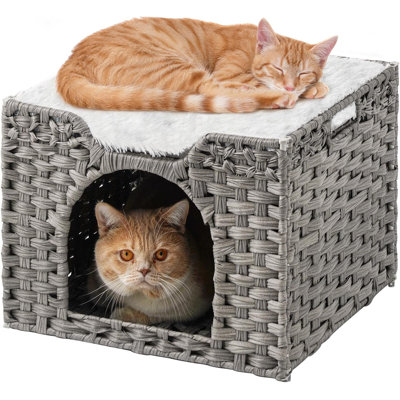 Lit pour chat intérieur, chaton en rotin PE tissé à la main, maisonnette 2 en 1 grise avec perchoir supérieur et caverne inférieure, coussin double en toile velue