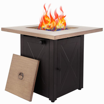 28Inch Outdoor Gas Fire Pit Table , 48,000 BTU, Square Outdside Propane Patio Firetable, ETL Certification, Bionic Wood Grain Lid, For Backyard, Garden, Party, Deck, Courtyard