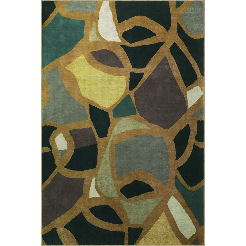 Dark Toned Multi Colored Mixed Shape Section Patterned Creative Modern Decorative Rug Machine Washable