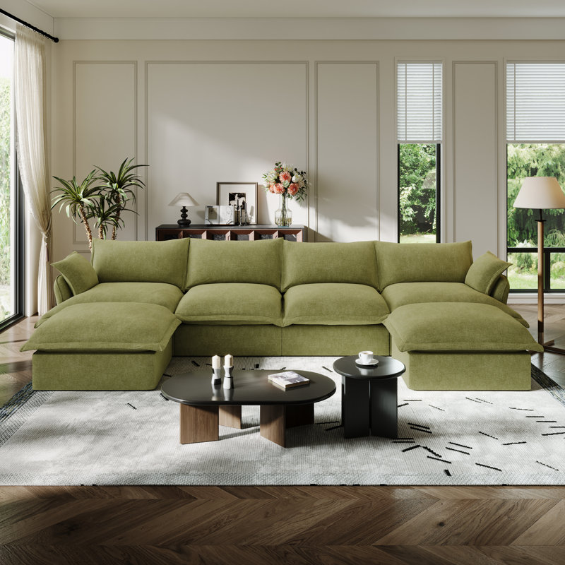 Canapé modulaire en lin mélangé Linen Blend, canapé convertible rembourré Cloud, Mélange de lin vert