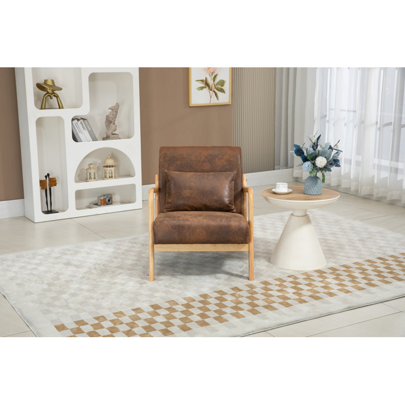 Chaise d'appoint avec structure en bois, chaise rembourrée, fauteuil pour chambre à coucher, Brun, Naturel
