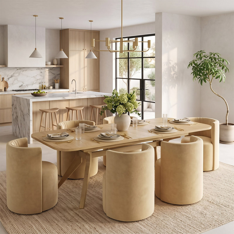 Ensemble de table de salle à manger extensible en placage de bois de 78" à 96" avec 6 chaises en velours et roulettes dissimulées
