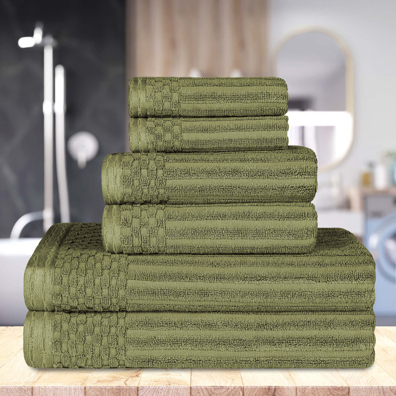 Ruvins Cotton Highly Absorbent 6-Piece Solid and Checkered Border Towel Set, Sage Green