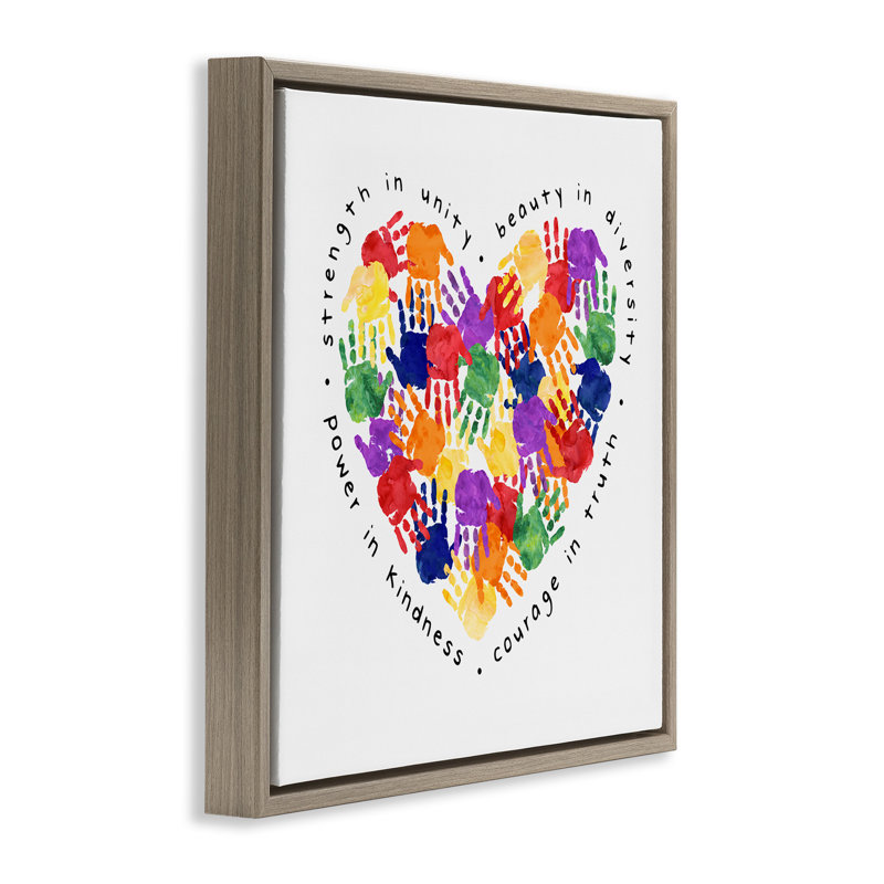 Force dans l'unité - Handprint Heart, H 18 po x l 18 po, Cadre flottant orme Montalcino