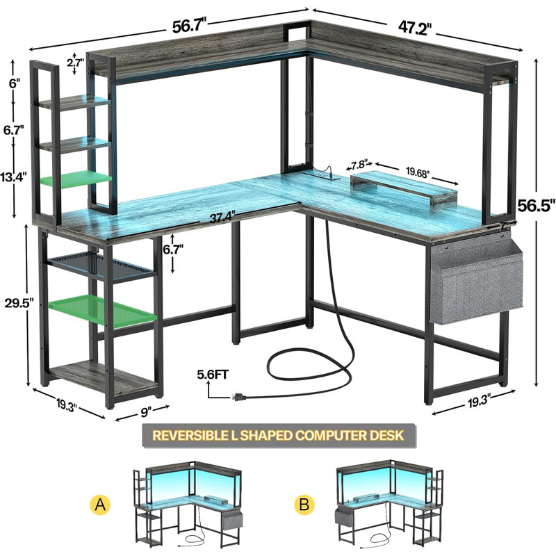 Bianco L-Shaped Desk with Hutch & Power Outlet, Gaming Desk Corner Computer Desk with Led Lights, Gray/Black